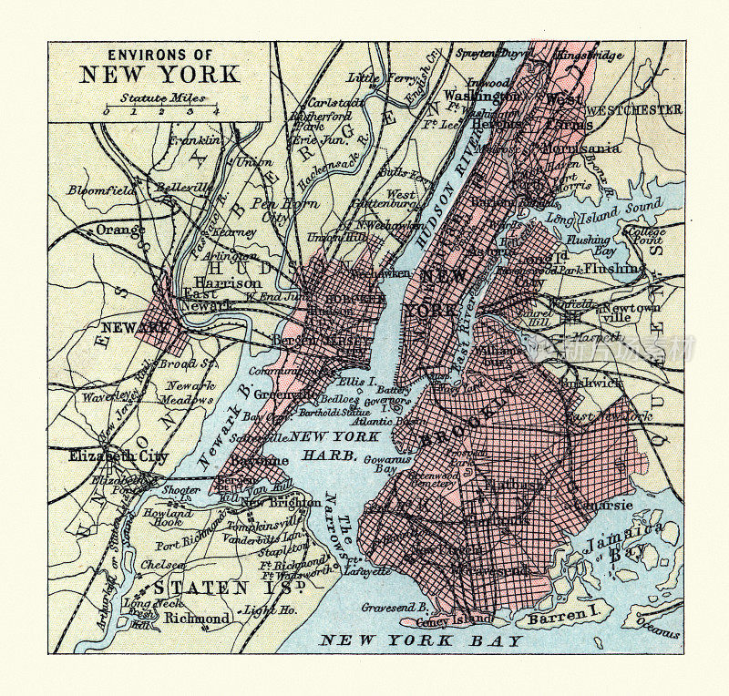 19世纪90年代,美国,布鲁克林港,纽约的古老地图