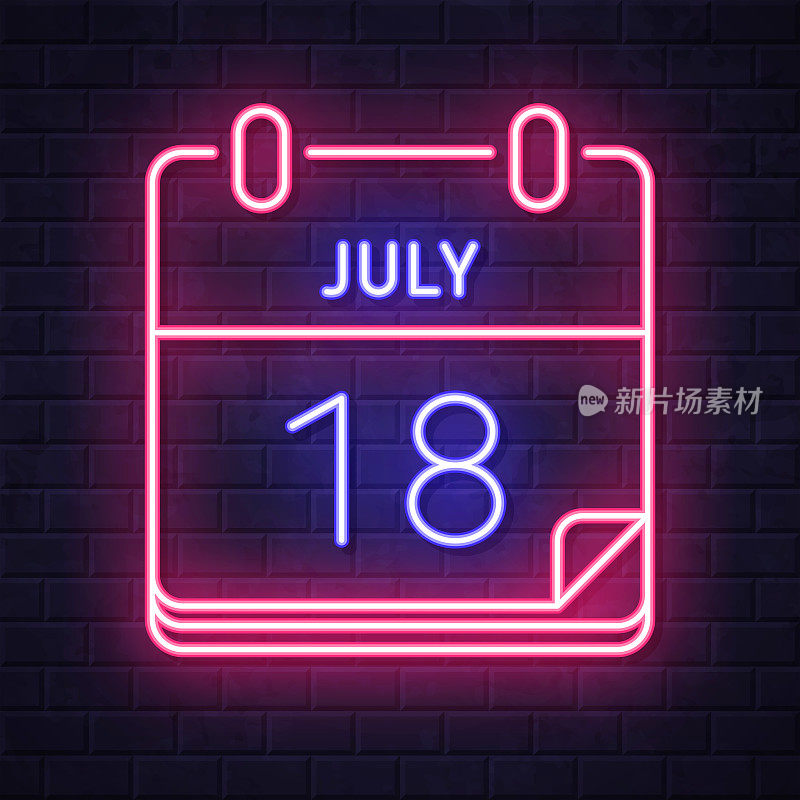 7月18日。在砖墙背景上发光的霓虹灯图标