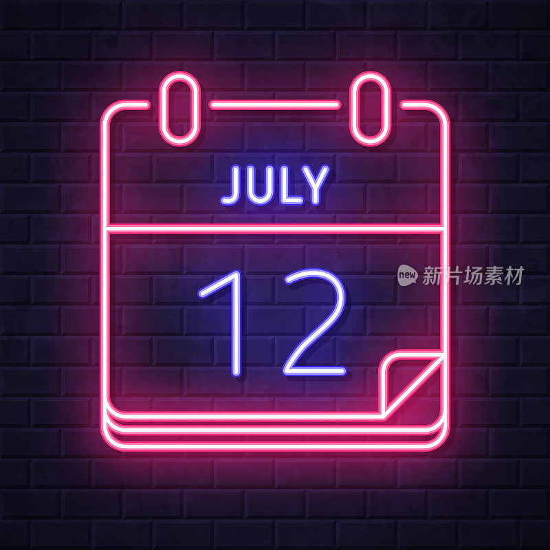 7月12日。在砖墙背景上发光的霓虹灯图标