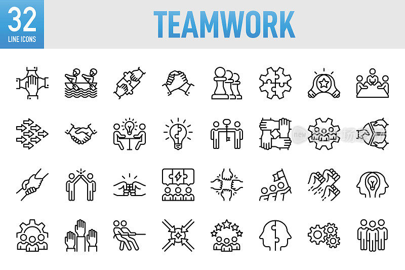团队合作-细线矢量图标集。像素完美。移动和Web。该套包含图标:团队合作，社区，人，业务，合作，伙伴关系-团队合作，组织，领导，人力资源，招聘