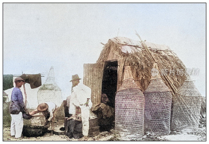古老的黑白照片:古巴巴塔巴诺附近的渔民