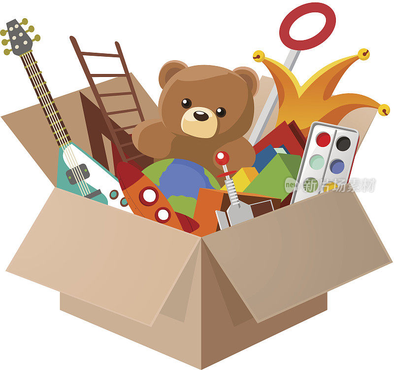 玩具盒子，泰迪熊，吉他球，水彩画