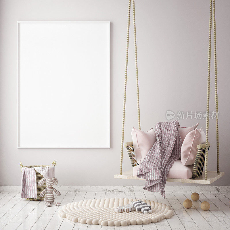 模拟海报框架在儿童卧室，斯堪的纳维亚风格的室内背景，3D渲染