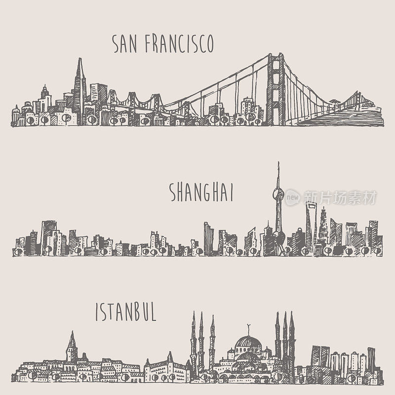 上海伊斯坦布尔旧金山城市素描