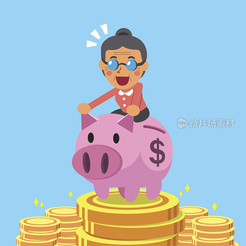 卡通资深女子骑着粉红色的存钱罐与金钱背景