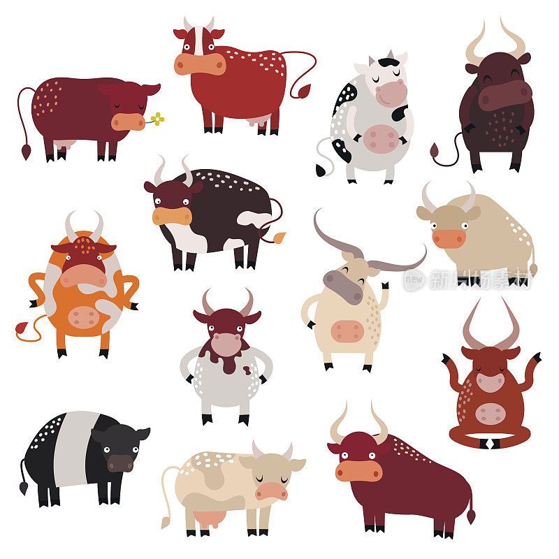 卡通奶牛动作集，与可爱可爱的小母牛不同