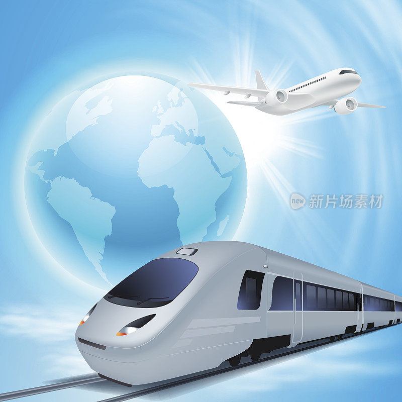 高速火车和飞机在空中
