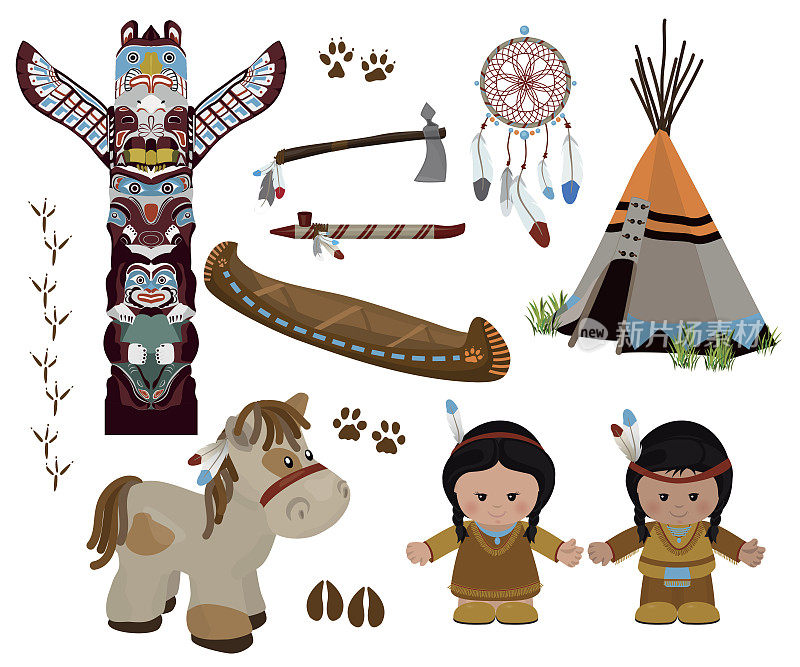 印第安标志集，卡通人物的美洲印第安人