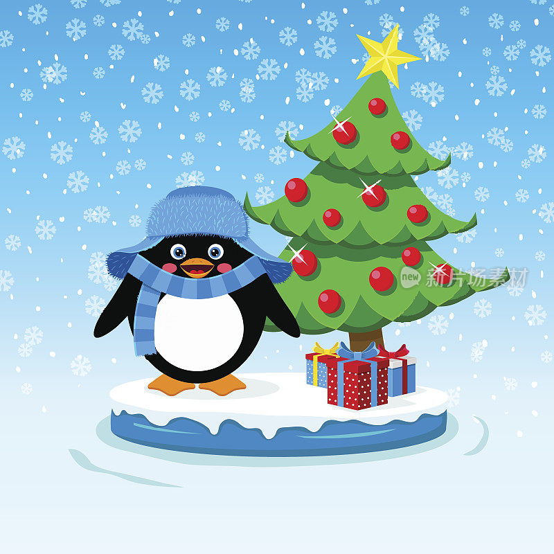 可爱的企鹅与礼物盒和圣诞树