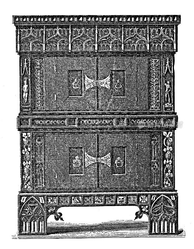 十五世纪的衣柜(古董木刻)