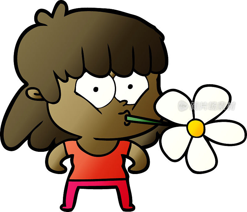 卡通女孩嘴含花