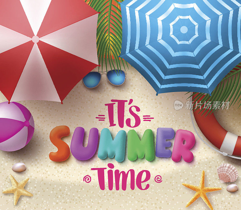 夏天的时间矢量彩色文字在沙滩上与沙滩伞