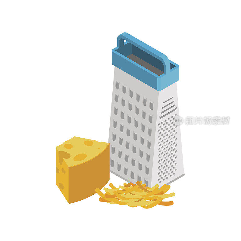 磨碎的奶酪和磨碎机隔离。食物配料的白色背景