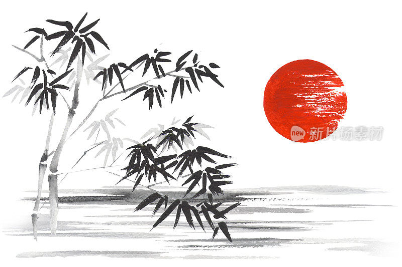 日本传统绘画Sumi-e艺术竹太阳水湖