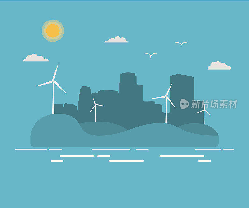 城市景观以风力发电机为载体，城市剪影以平面风格为载体。生态清洁能源。风力发电厂生产电力。