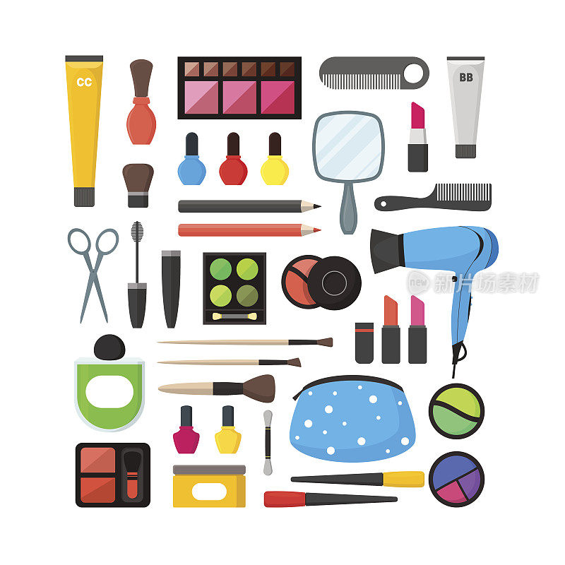 矢量平面化妆工具图标集。化妆品，睫毛膏和刷子在白色的背景插图