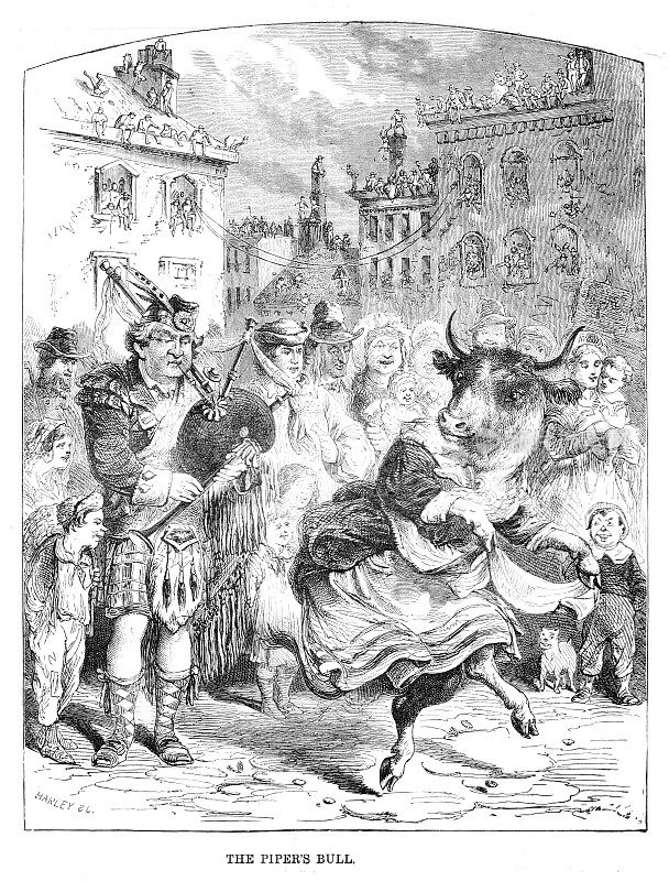 维多利亚时代的幽默插画，一头公牛穿着女装，在一群人面前随着风笛手跳舞