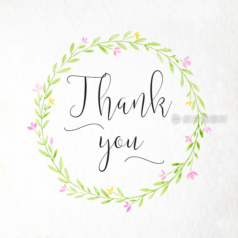 感谢字和手绘水彩花圈在白纸背景上，感谢卡片，横幅