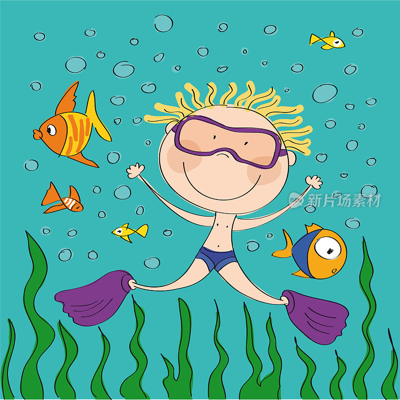 水肺潜水员-快乐的男孩在海里游泳-原始手绘插图