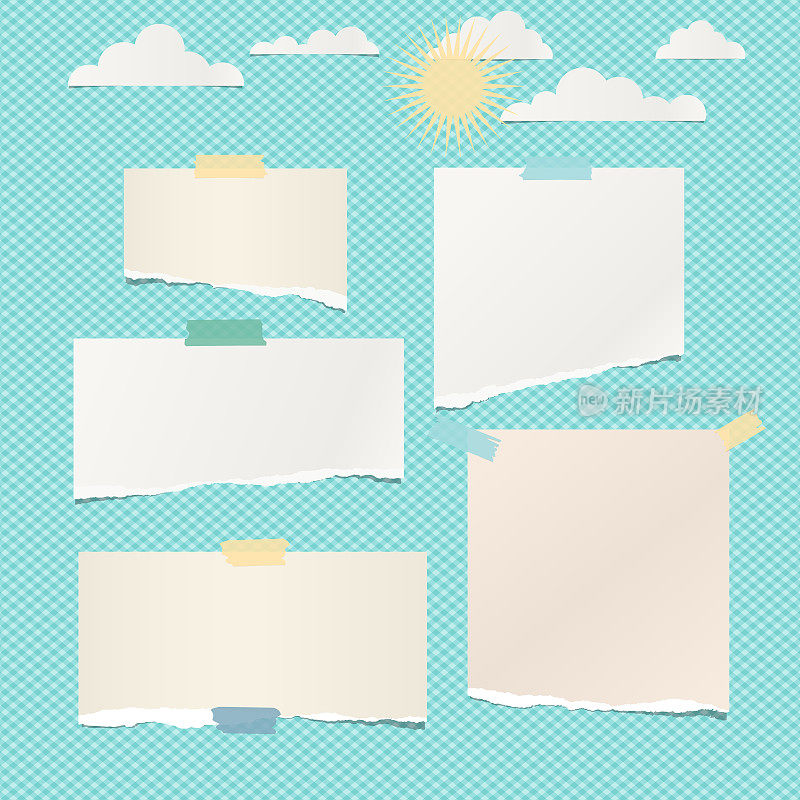 撕成碎片的白色空白便条，笔记本纸，云彩和太阳在蓝绿色的背景