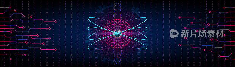 HUD原子未来全景背景与电子，金属核和数字。未来的科幻圈以互联网技术和商业界面为背景。向量。
