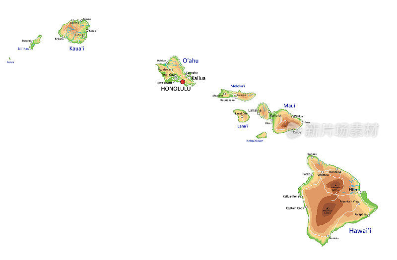 高详细的夏威夷物理地图与标签。