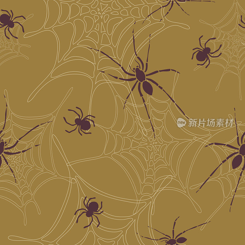 棕色背景上蜘蛛和蜘蛛网的无缝图案。