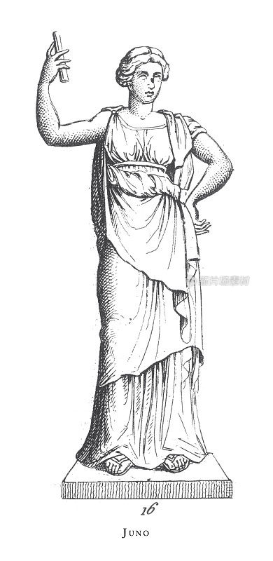 朱诺，来自希腊和罗马神话的传奇场景和人物雕刻古董插图，出版于1851年