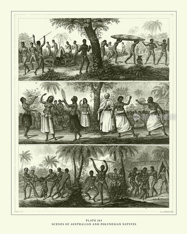 雕刻古董，澳大利亚和波利尼西亚土著雕刻古董插图，出版于1851年