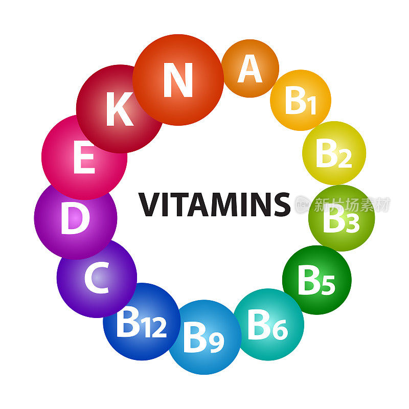 健康的复合维生素。维生素A、B1、B2、B3、B5、B6、B9、B12、C、D、E、K、n。向量