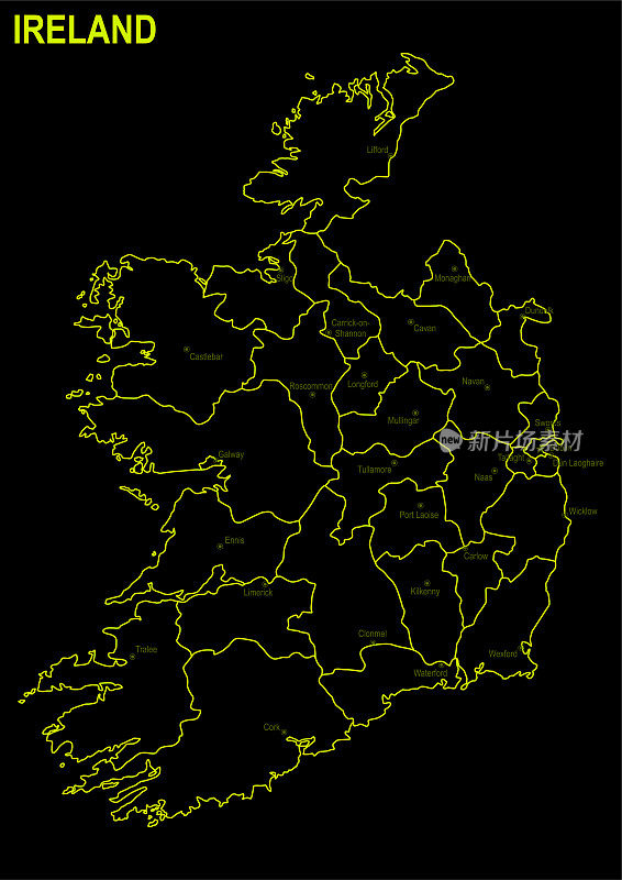 黑色背景下的爱尔兰霓虹地图