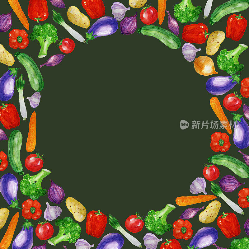 水彩蔬菜框与番茄，洋葱，辣椒，茄子等。食谱，食谱设计，包，包装。食品的背景。