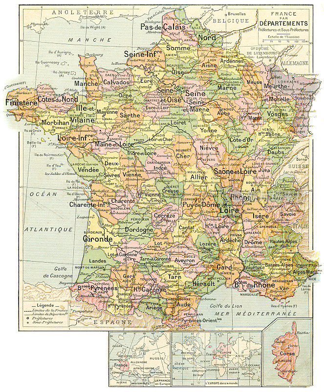 法国各县和县地图1887年