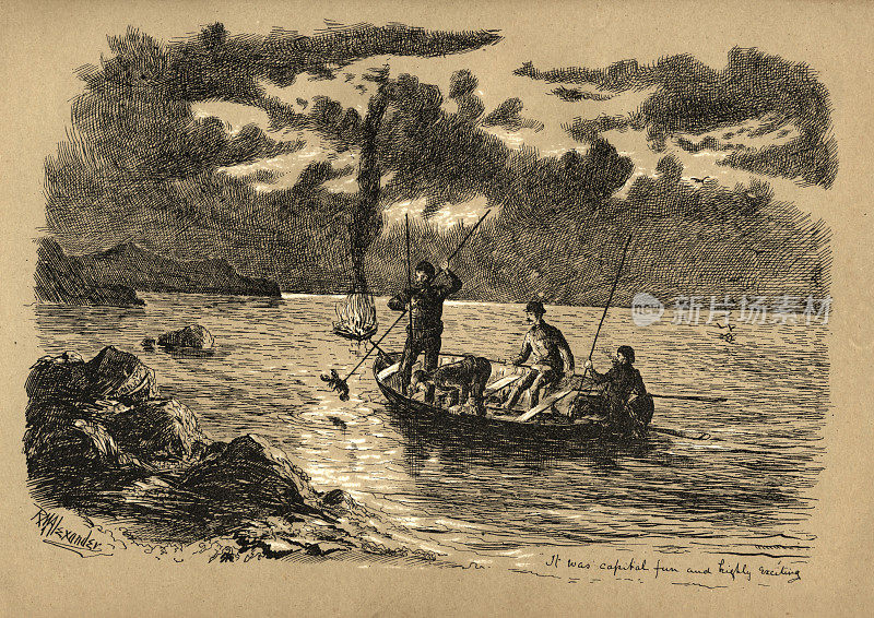 渔民晚上捕猎龙虾，纽芬兰，加拿大，维多利亚，19世纪