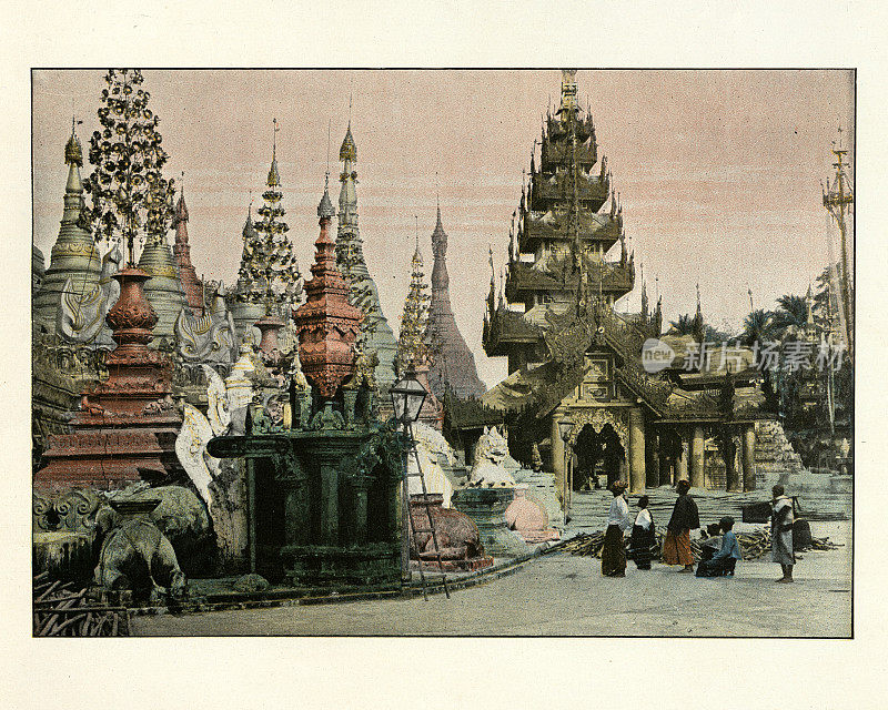 大金塔，仰光，缅甸，19世纪，彩色照片