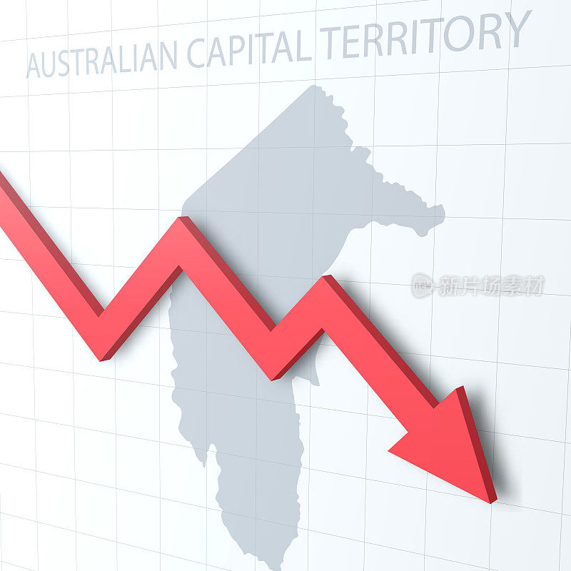 下落的红色箭头与澳大利亚首都地区地图的背景