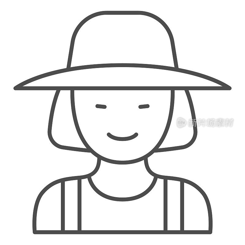 女园丁细线图标，花园和园艺概念，园丁女人签名在白色的背景，女性农民在帽子图标在轮廓风格的移动概念，网页设计。矢量图形。