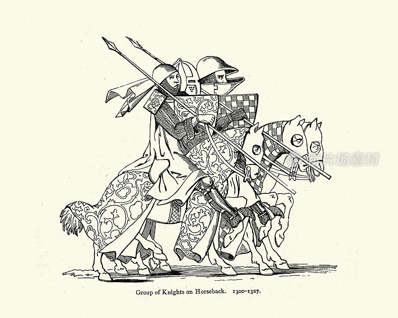 14世纪的一群骑在马上，手持骑枪的骑士