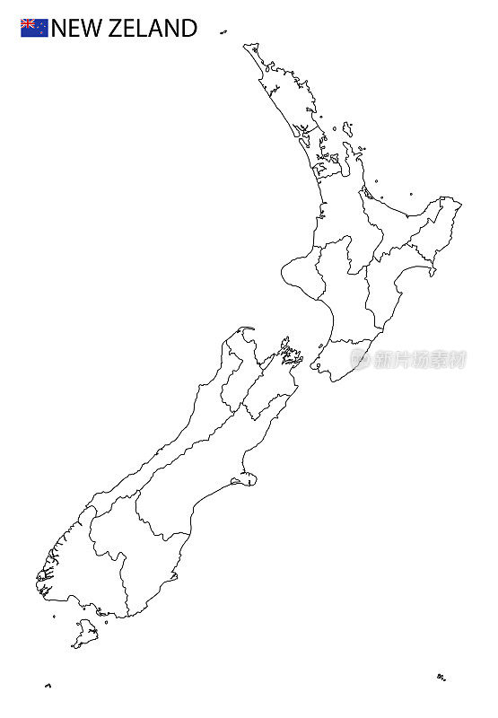 新西兰地图，黑白详细勾勒出国家区域。
