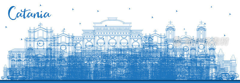 用蓝色建筑勾勒出意大利卡塔尼亚城市的天际线。矢量插图。