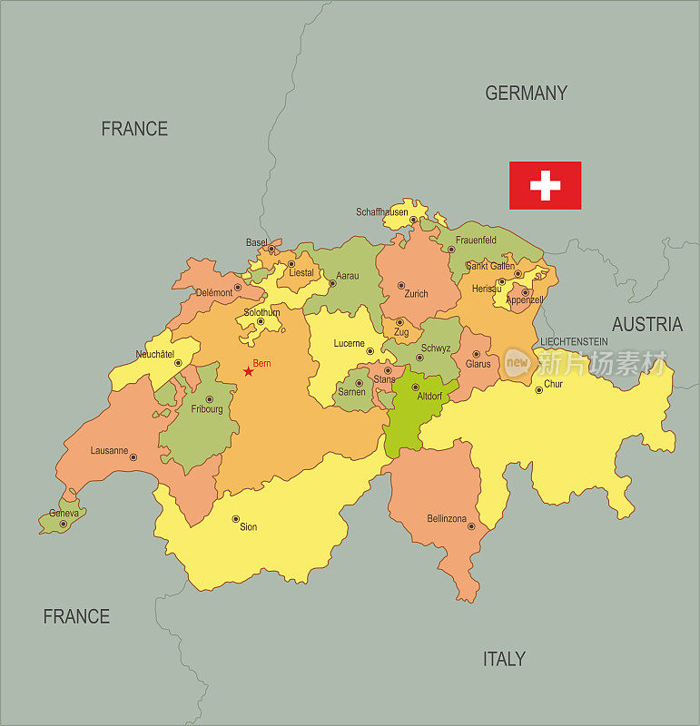 带旗帜的瑞士平面地图