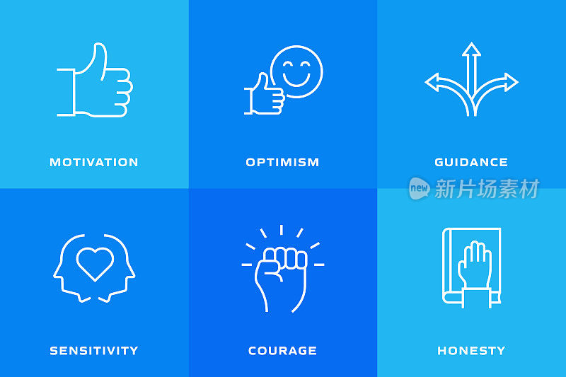 核心价值相关的线图标，轮廓矢量符号说明。