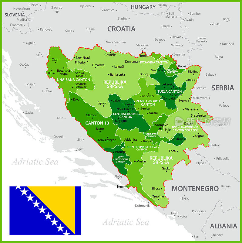 波斯尼亚和黑塞哥维那地图。政治地图与地区，国旗，地理边界的黑山，阿尔巴尼亚，塞尔维亚和克罗地亚