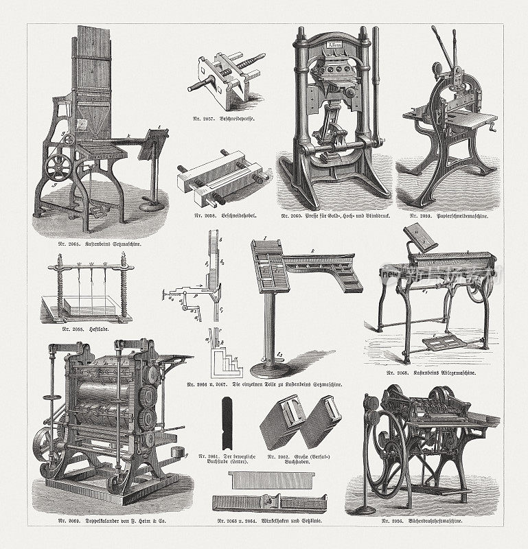 19世纪的印刷设备，木刻，1893年出版
