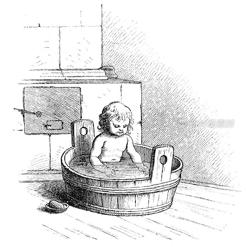婴儿在木制浴缸插图1864