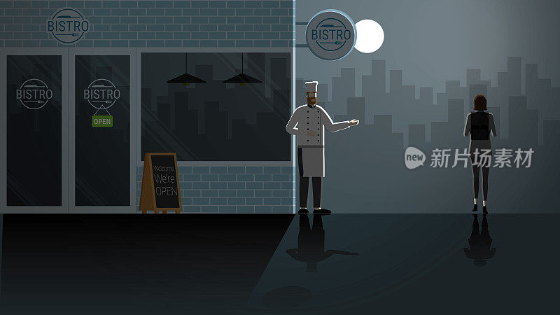 经济危机小酒馆餐厅。小路上小企业主厨师大胡子先生正站在店铺里招待顾客。在黑暗的月光下孤独。孤独的人在城市的场景。向量概念的场景。