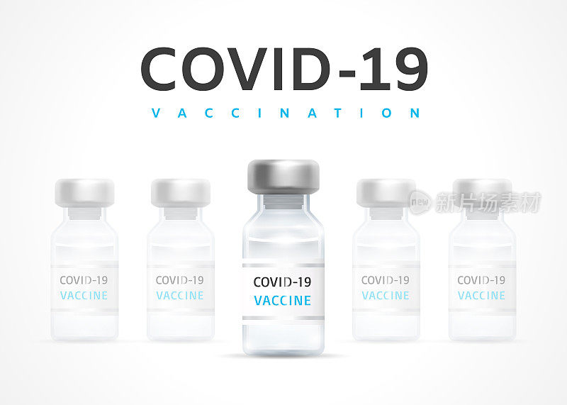COVID-19疫苗接种旗帜。疫苗瓶排成一排，中间有一个被选中。疫苗接种运动的概念。抗击冠状病毒Sars-Cov-2大流行