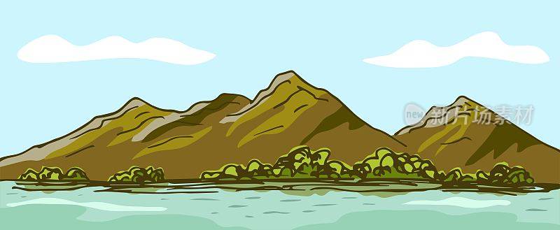 简单的颜色矢量绘制在平面风格。山在地平线上，绿色的灌木，清澈的湖，云在蓝天。夏季景观尽收眼底，自然风光。用于明信片、海报、旅游等印刷品。