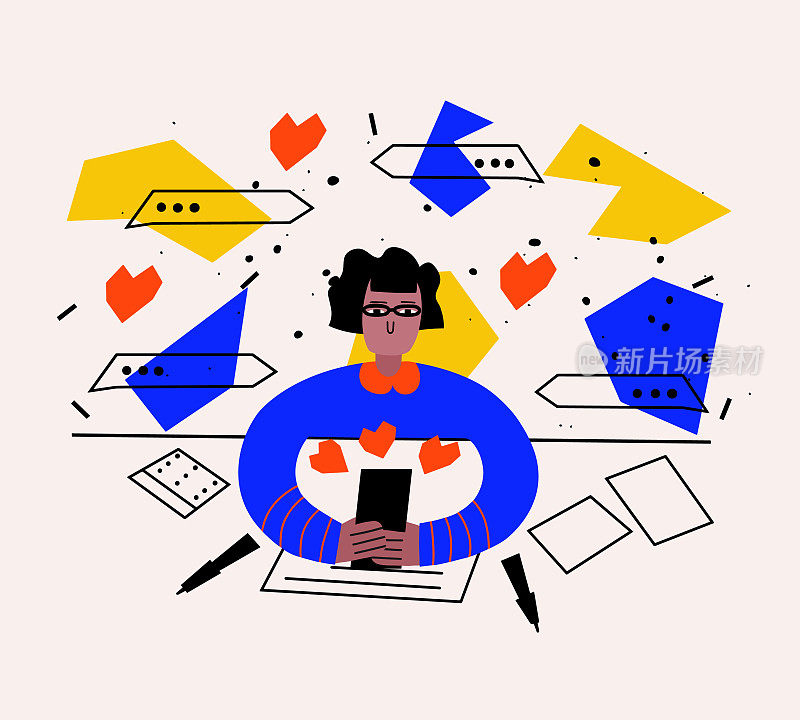 矢量插图-一个女人正在聊天的信使在桌子上工作。工作期间的视频聊天和在线约会。互联网上的交流。在背景上抽象形状。
