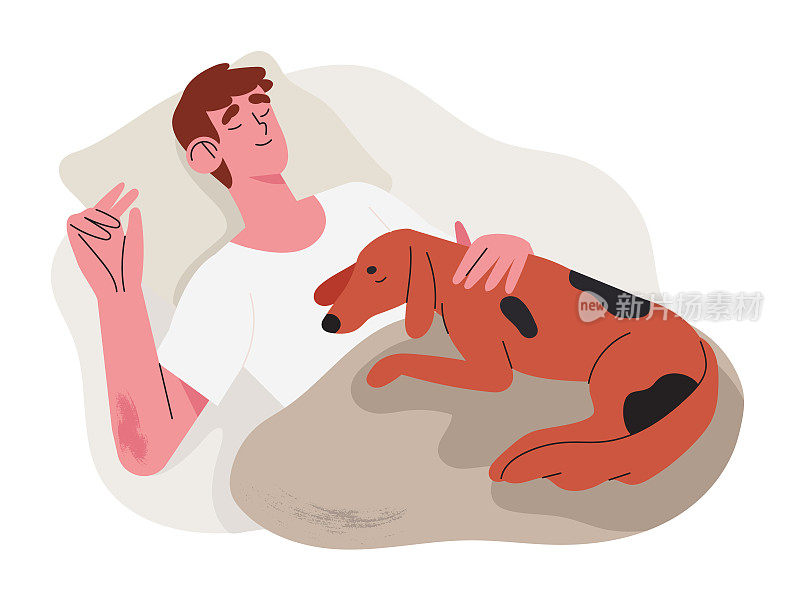 男人舒舒服服地睡在他的坏狗狗小狗深夜。概念矫形或轮廓记忆泡沫枕头或羽绒被商店和其他配件为健康的夜晚睡眠。